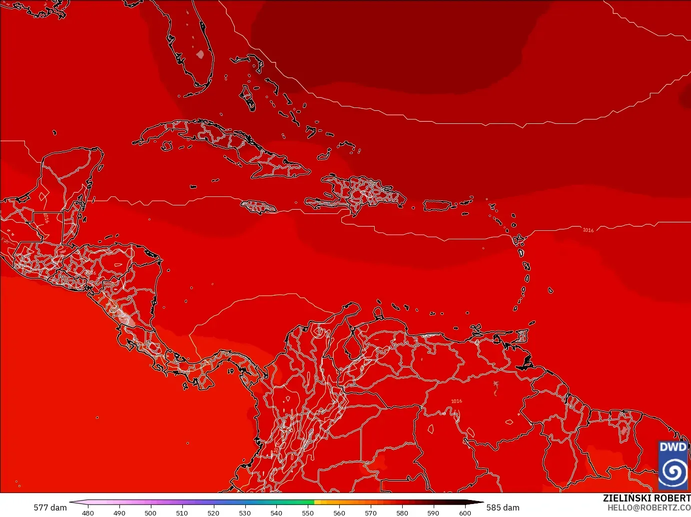 ICON modelo - Caribe, Altura geopotencial a 500 hPa