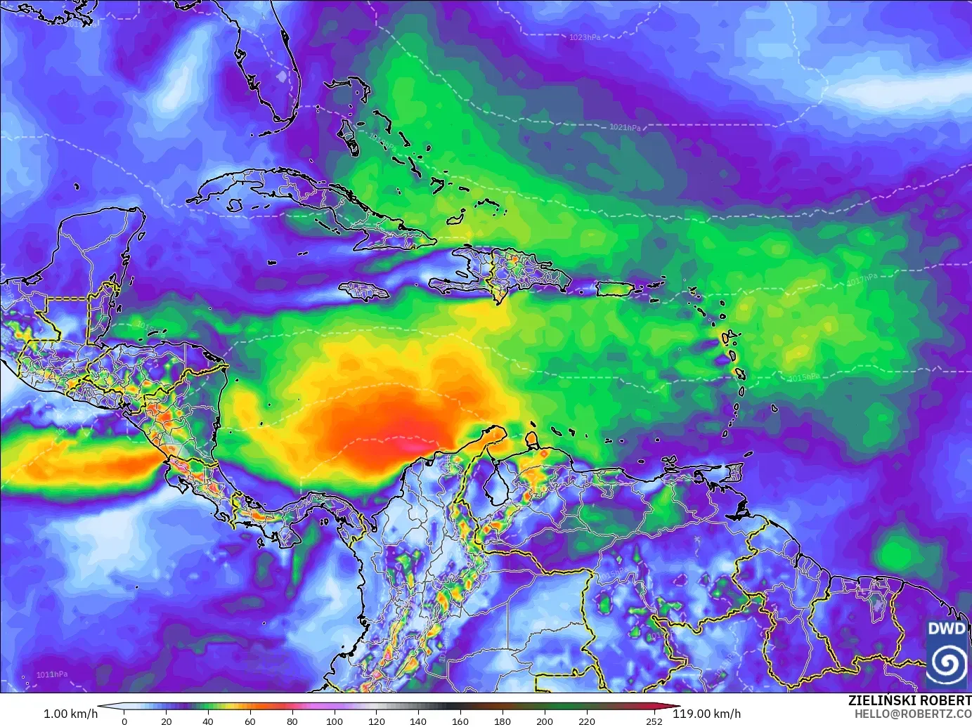 ICON modelo - Caribe, Ráfagas de Viento Máximas