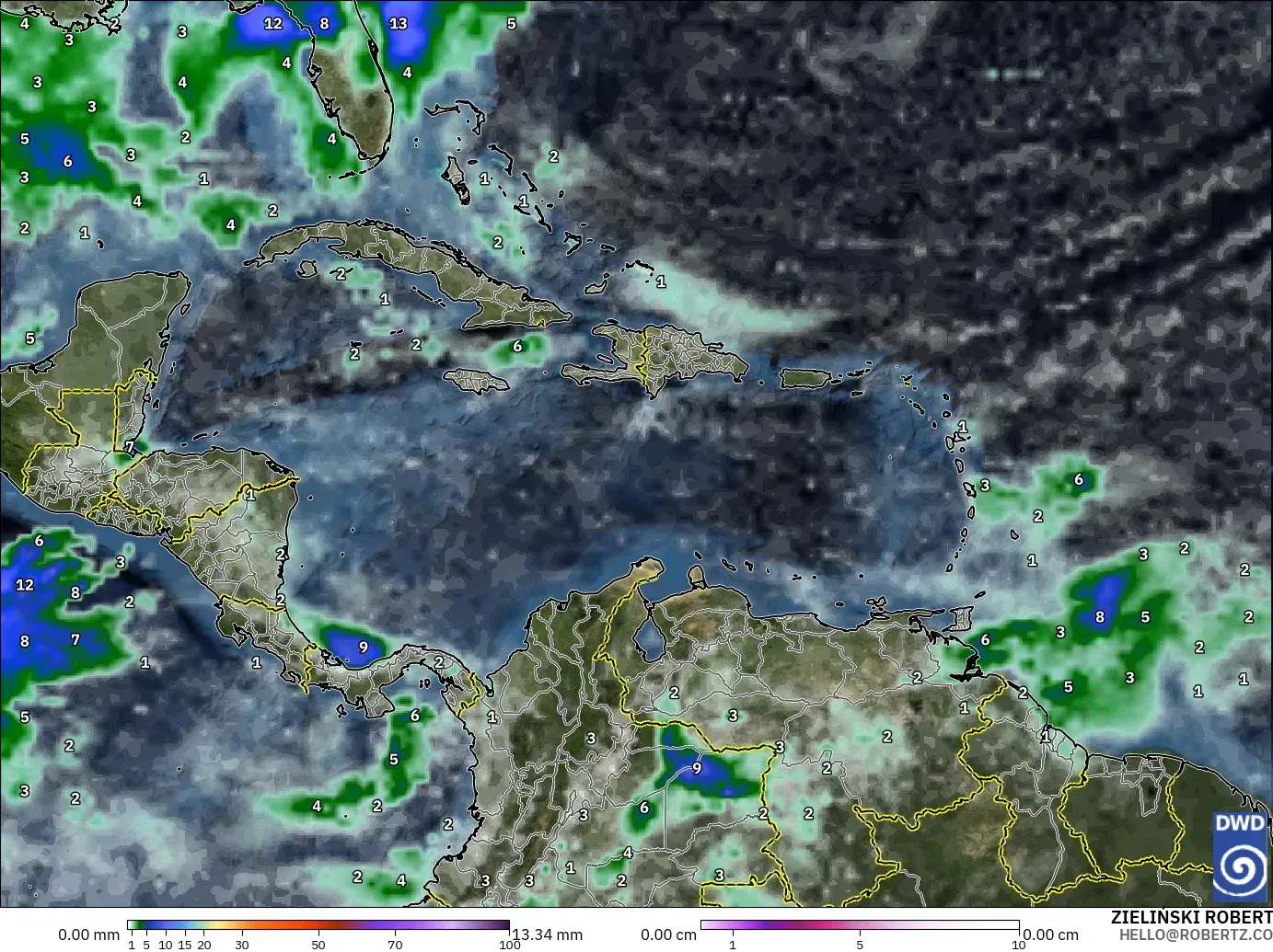 ICON modelo - Caribe, Precipitación, nubes y presión