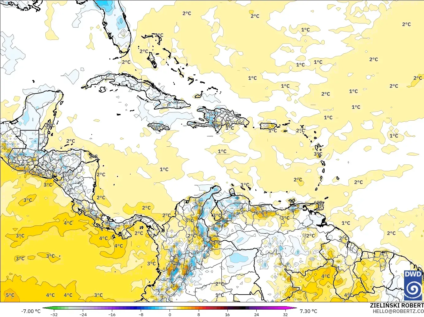 ICON modelo - Caribe, Anomalía de temperatura a 2 m