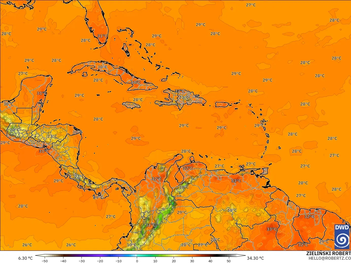 ICON modelo - Caribe, Temperatura a 2 m