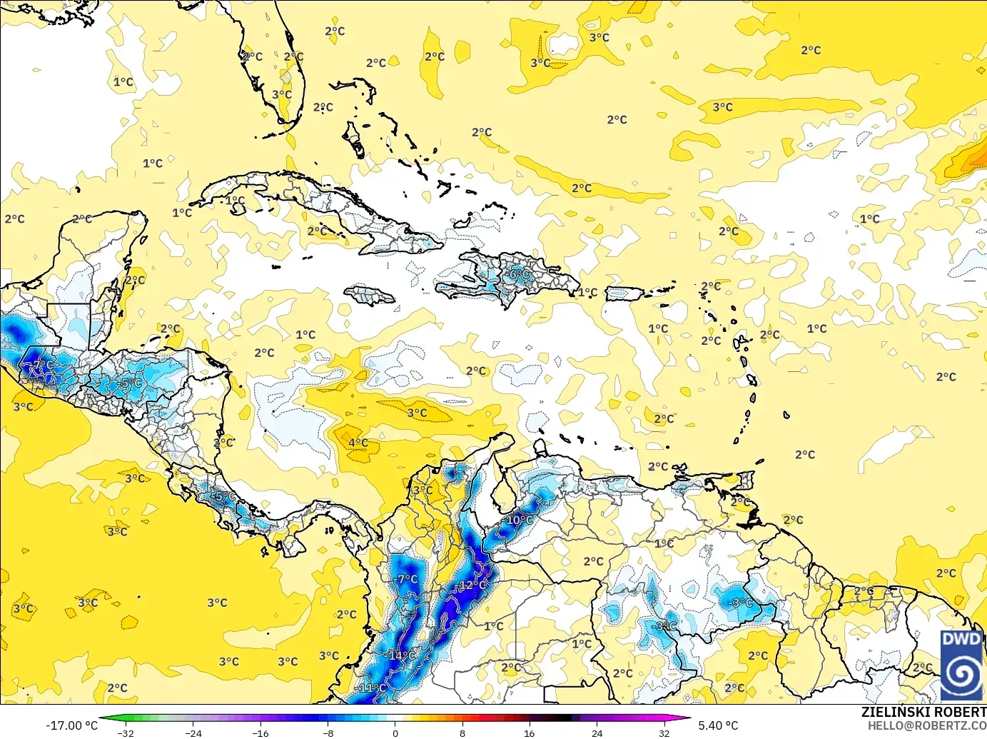 ICON modelo - Caribe, Anomalía de temperatura a 850 hPa