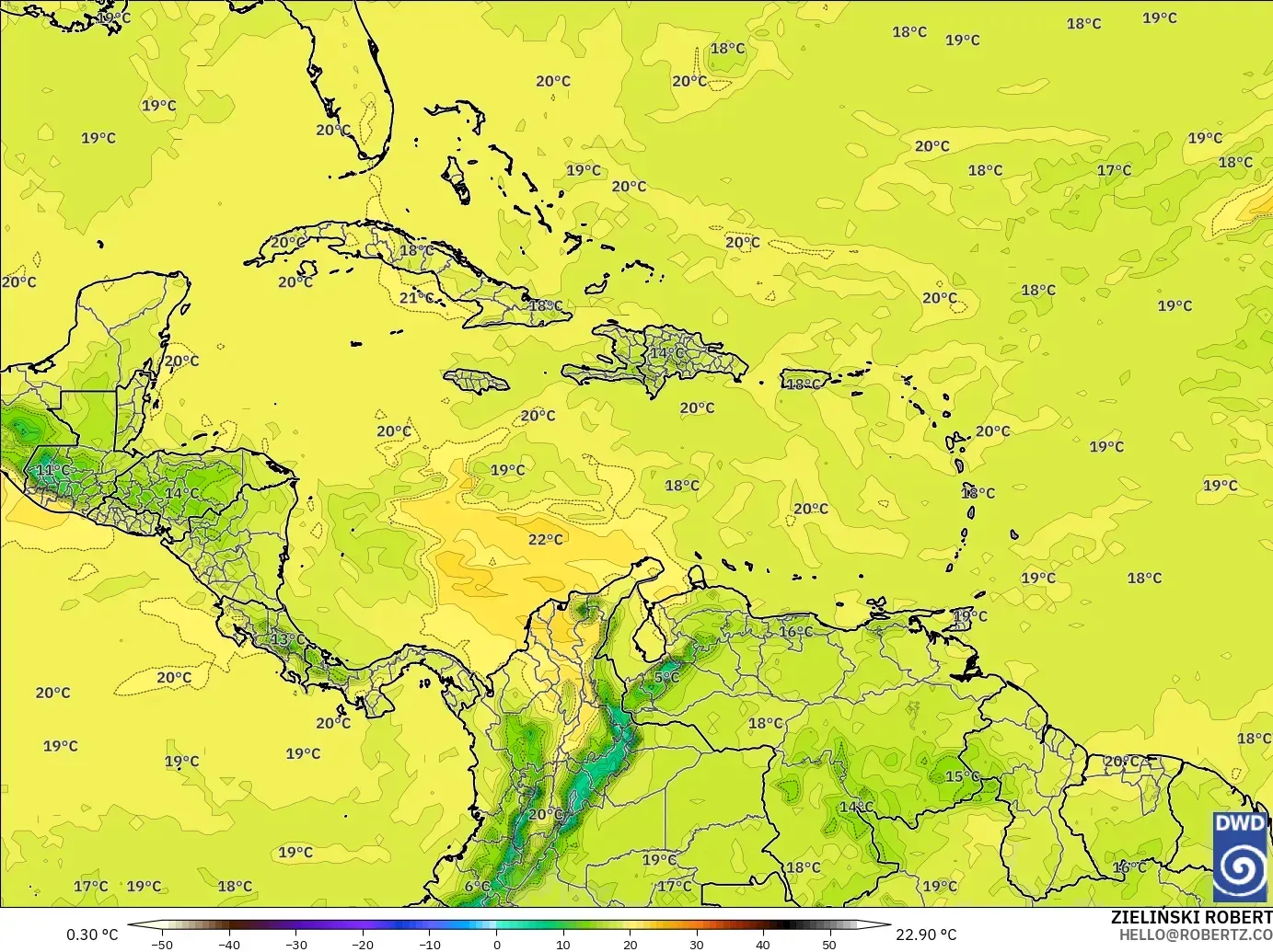 ICON modelo - Caribe, Temperatura a 850 hPa