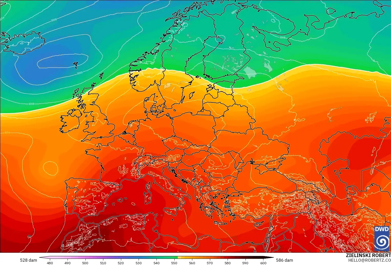 ICON modelo - Europa, Altura geopotencial a 500 hPa