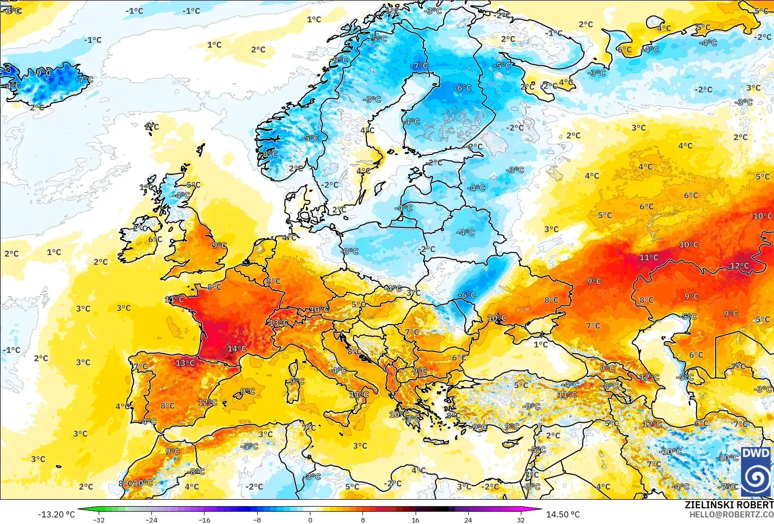 ICON modelo - Europa, Anomalía de temperatura a 2 m