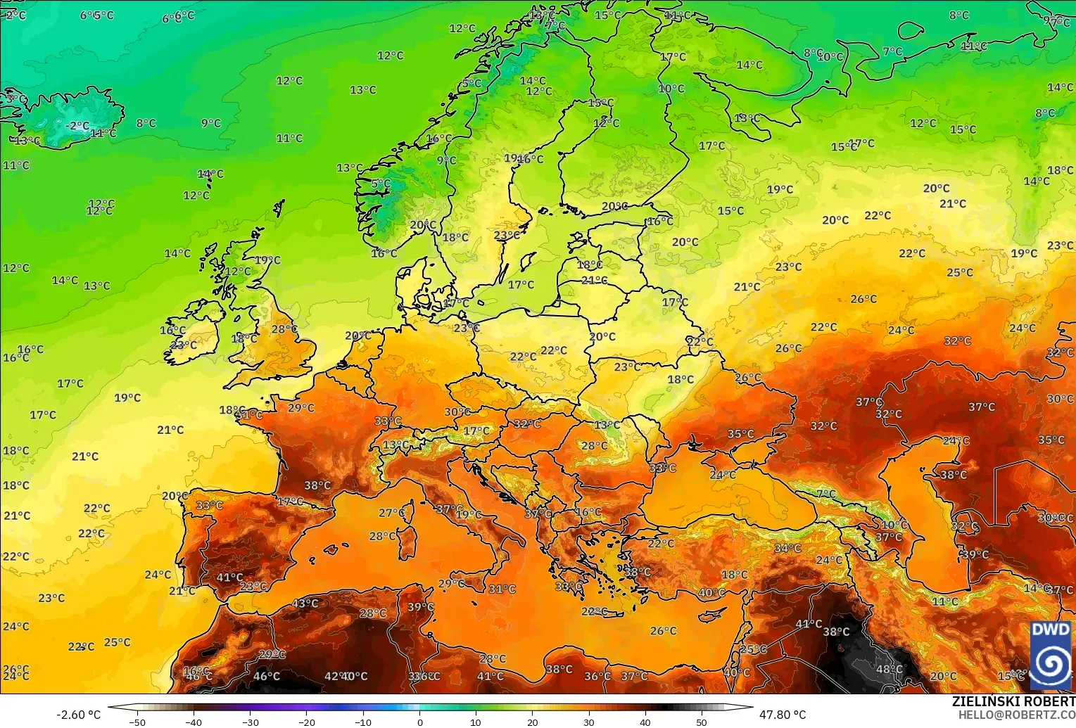 ICON modelo - Europa, Temperatura a 2 m