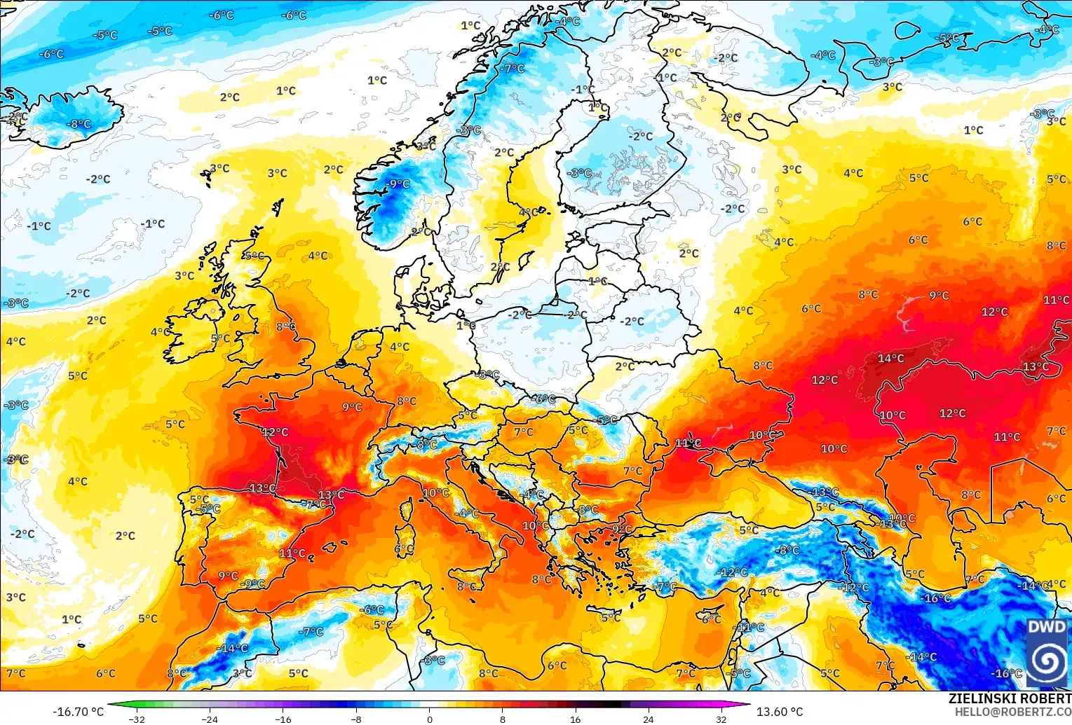 ICON modelo - Europa, Anomalía de temperatura a 850 hPa