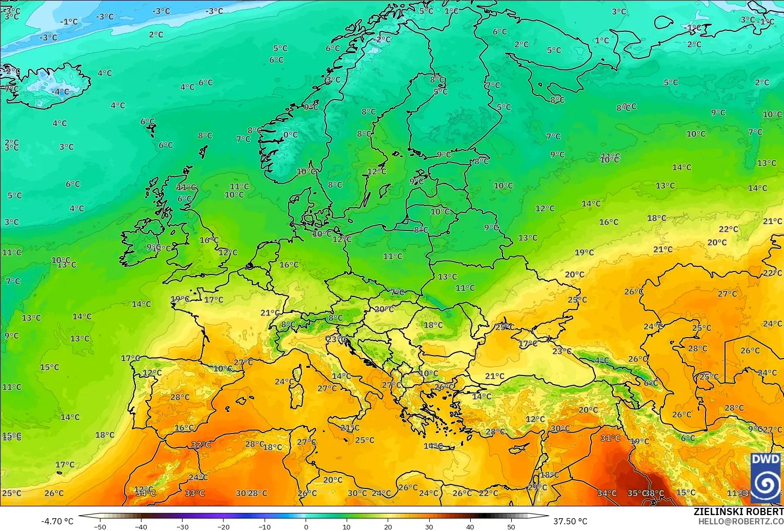 ICON modelo - Europa, Temperatura a 850 hPa