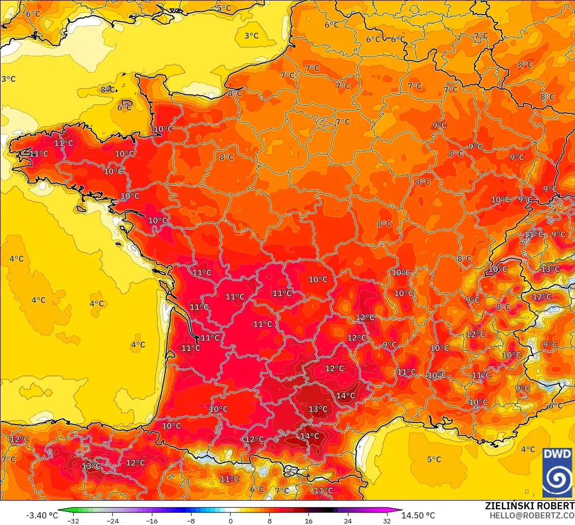 ICON modelo - Francia, Anomalía de temperatura a 2 m