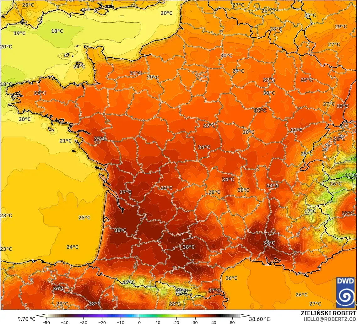 ICON modelo - Francia, Temperatura a 2 m