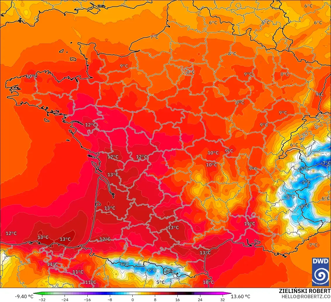 ICON modelo - Francia, Anomalía de temperatura a 850 hPa