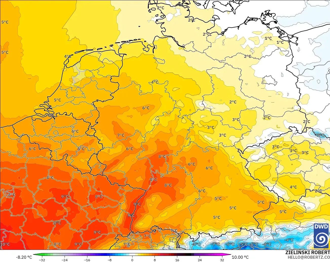 ICON modelo - Alemania, Anomalía de temperatura a 850 hPa