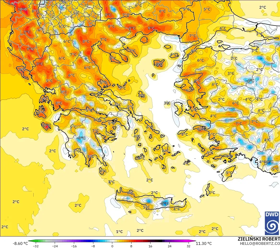 ICON modelo - Grecia, Anomalía de temperatura a 2 m