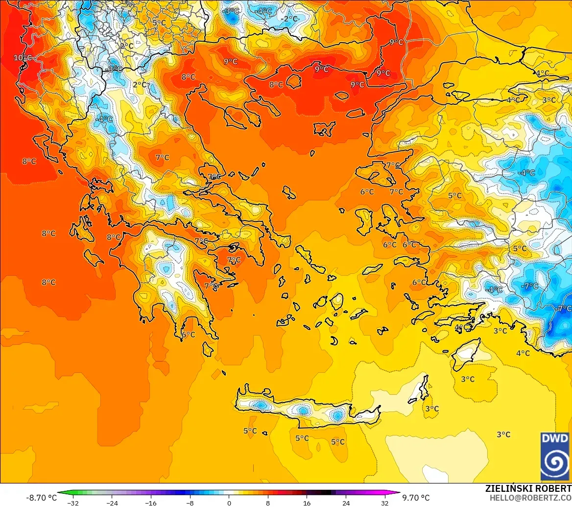 ICON modelo - Grecia, Anomalía de temperatura a 850 hPa