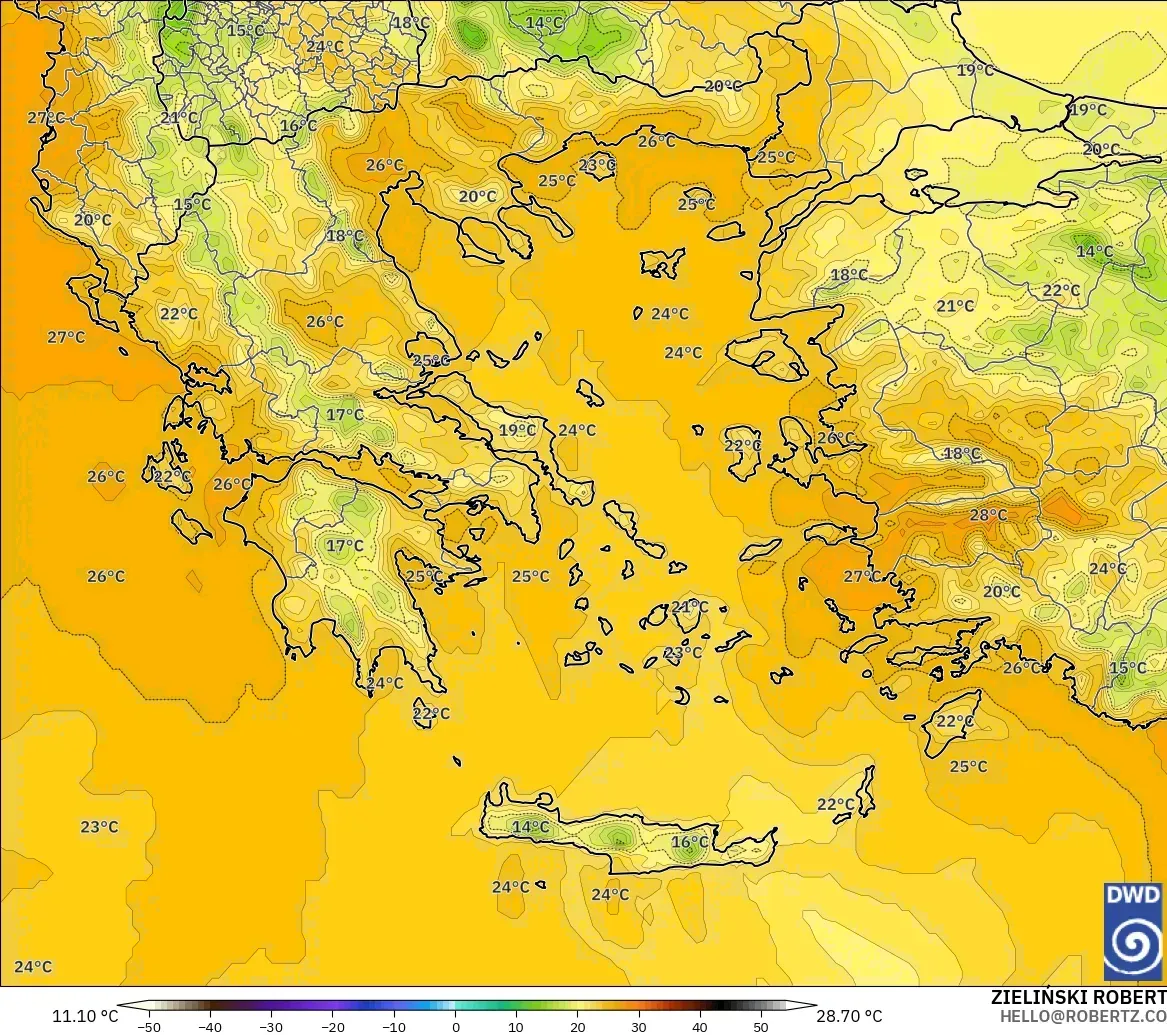 ICON modelo - Grecia, Temperatura a 850 hPa