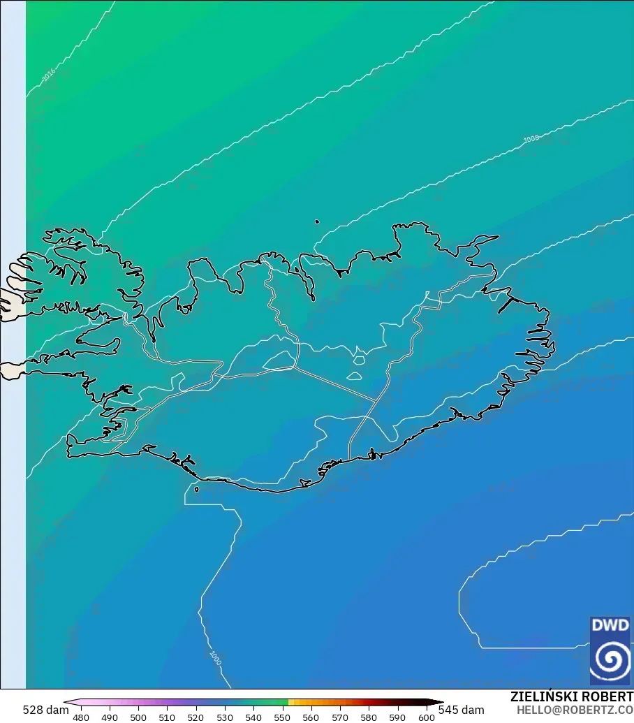 ICON modelo - Islandia, Altura geopotencial a 500 hPa