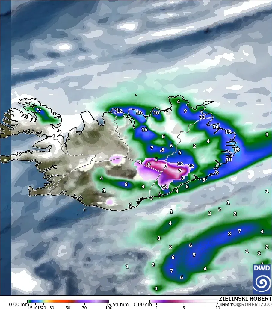 ICON modelo - Islandia, Precipitación, nubes y presión