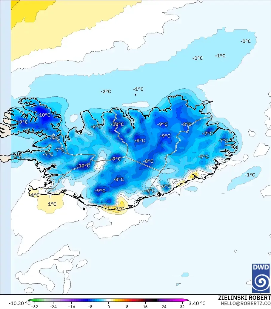 ICON modelo - Islandia, Anomalía de temperatura a 2 m