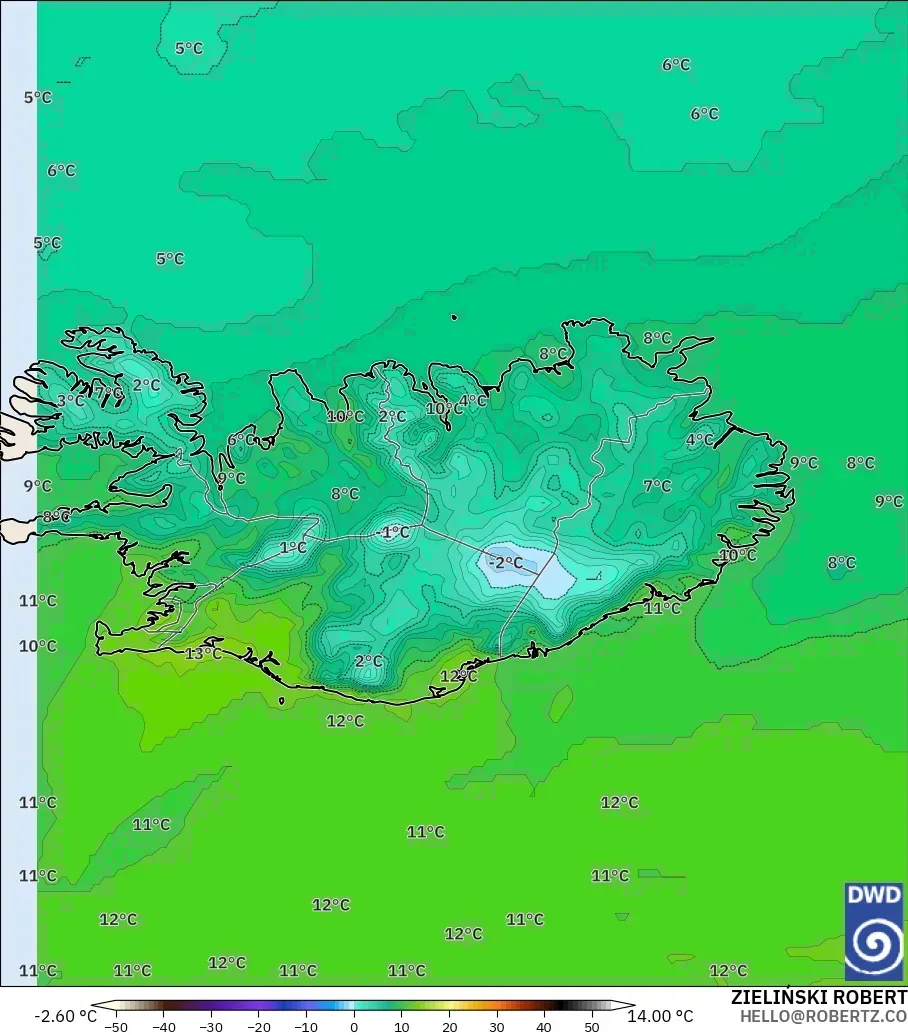 ICON modelo - Islandia, Temperatura a 2 m