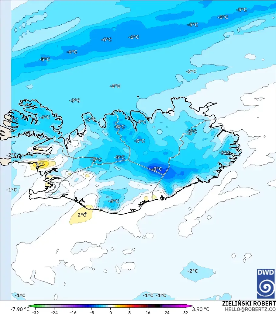 ICON modelo - Islandia, Anomalía de temperatura a 850 hPa