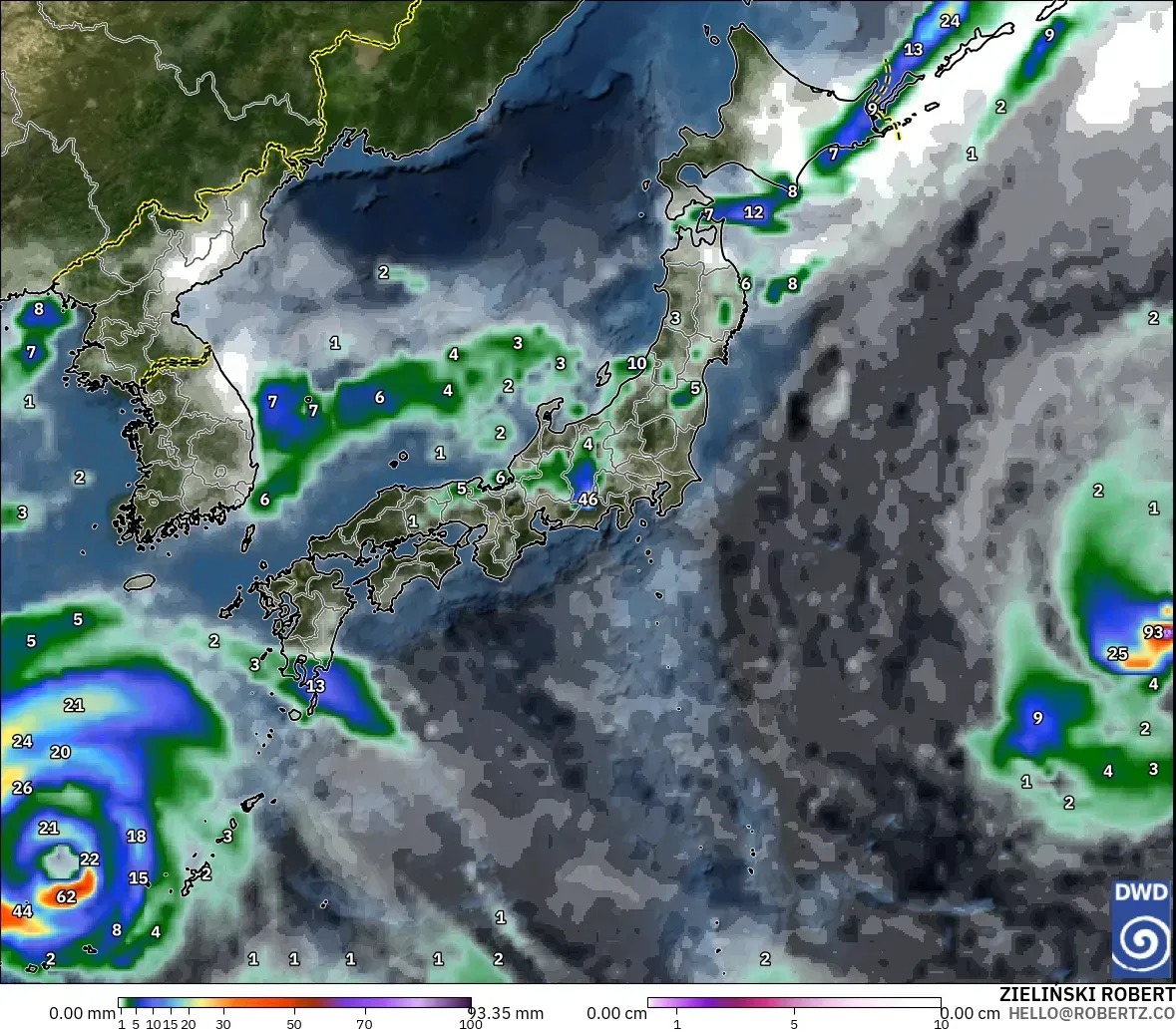 ICON modelo - Japón, Precipitación, nubes y presión