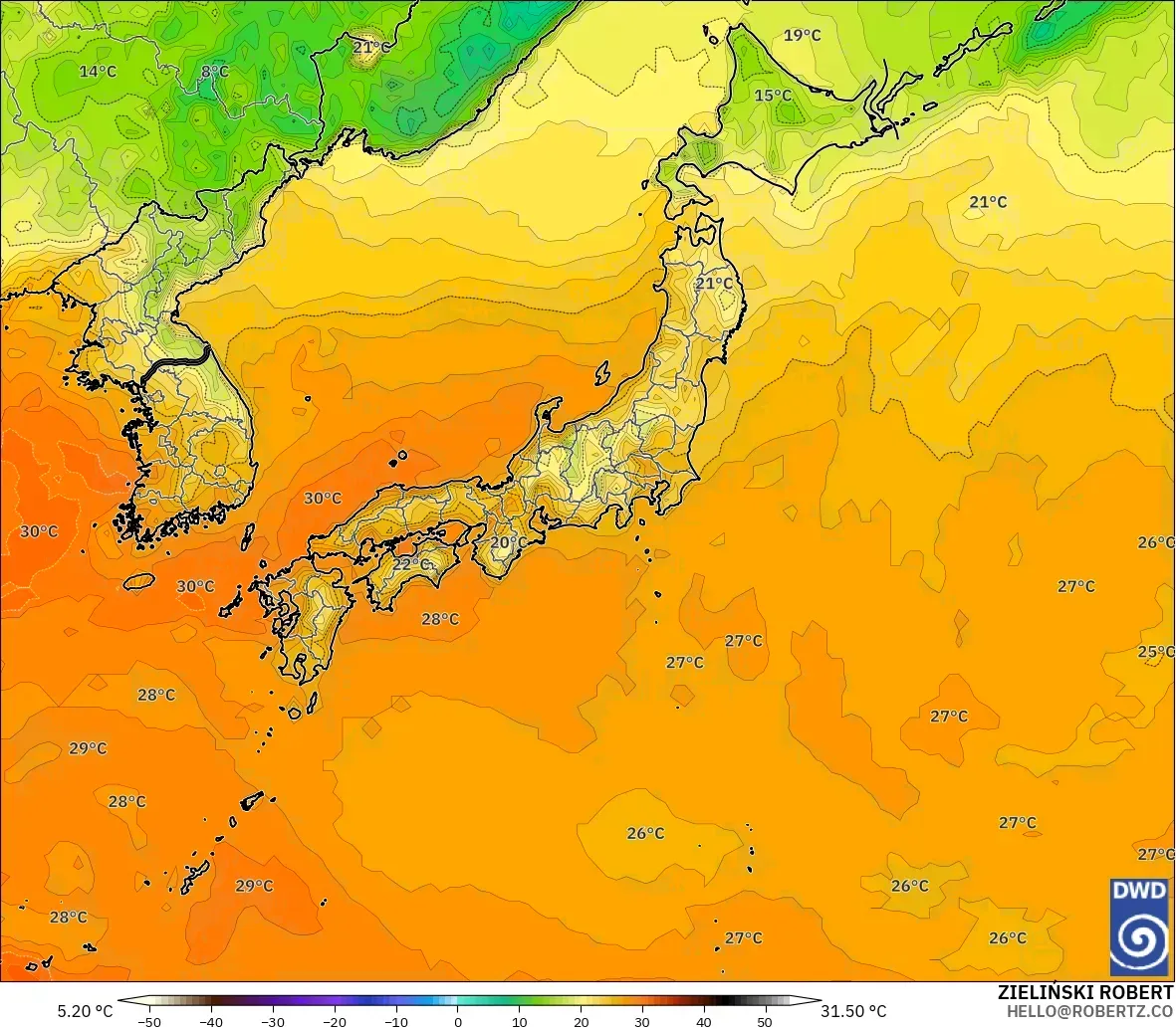 ICON modelo - Japón, Temperatura a 2 m