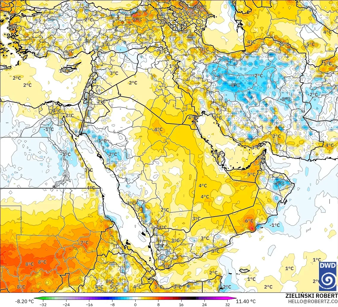 ICON modelo - Oriente Medio, Anomalía de temperatura a 2 m