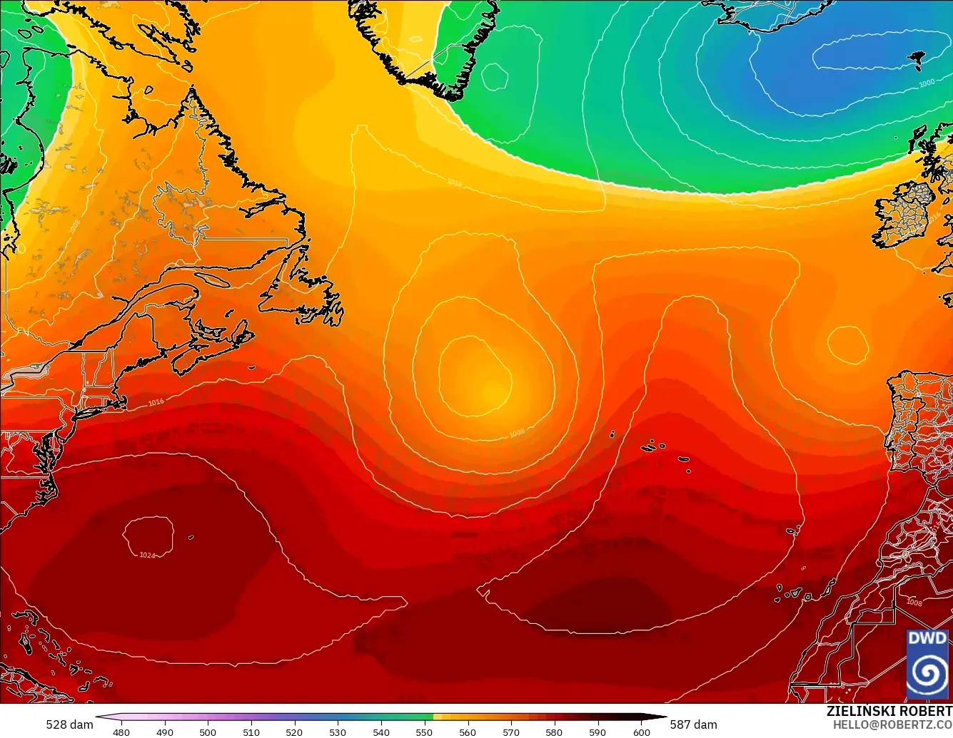 ICON modelo - Norte Atlántico, Altura geopotencial a 500 hPa