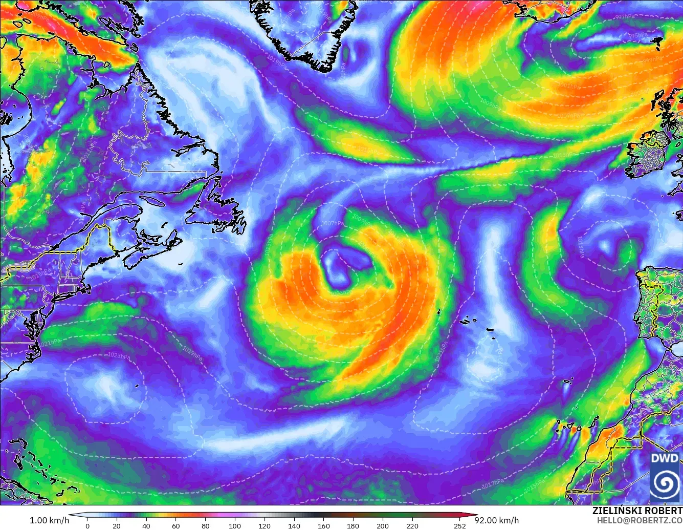 ICON modelo - Norte Atlántico, Ráfagas de viento