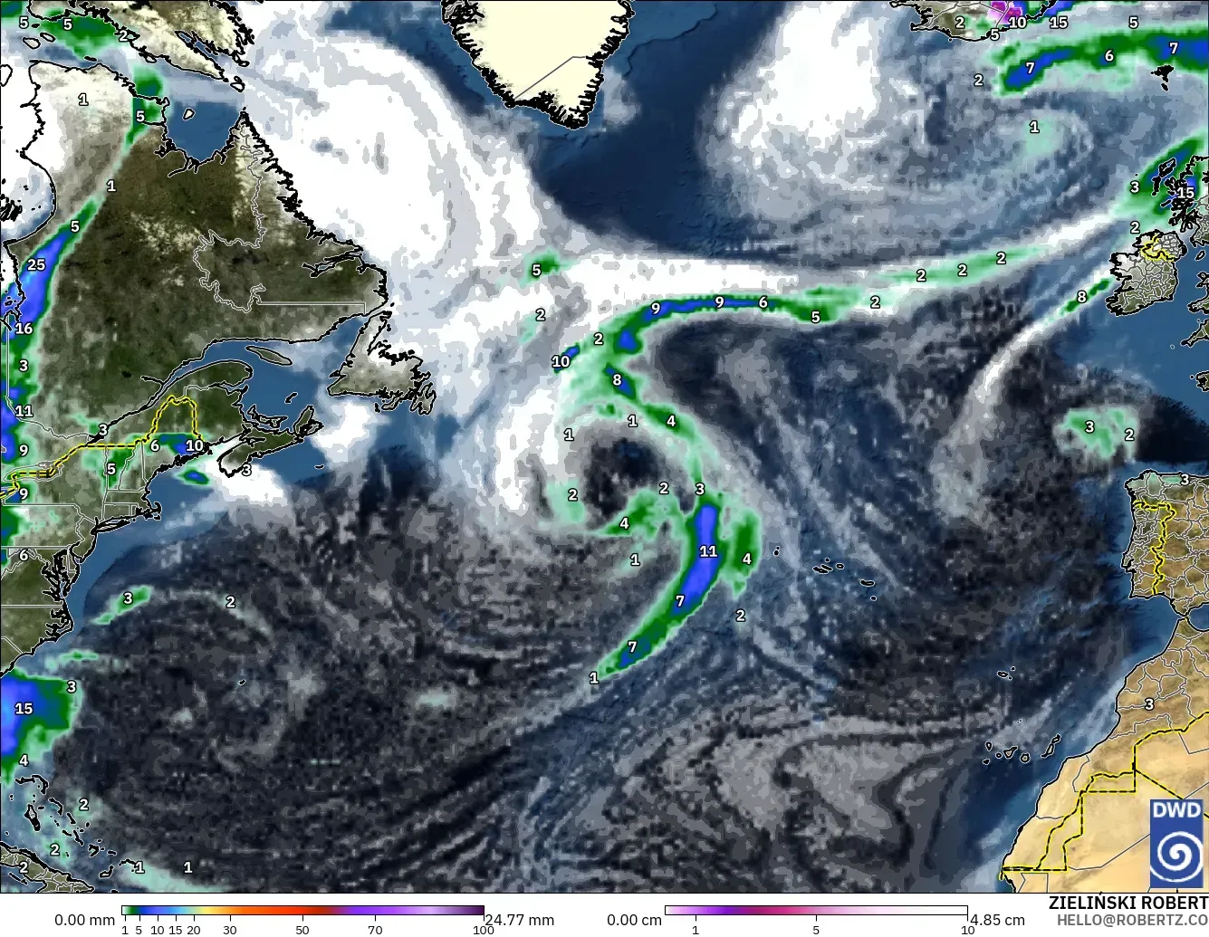 ICON modelo - Norte Atlántico, Precipitación, nubes y presión