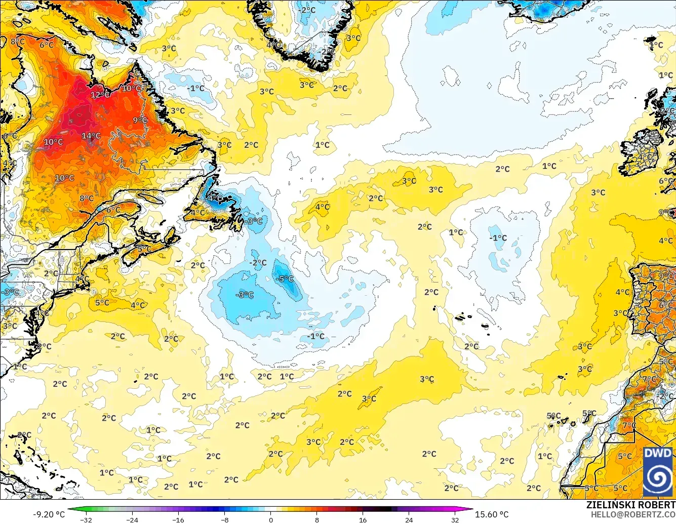 ICON modelo - Norte Atlántico, Anomalía de temperatura a 2 m