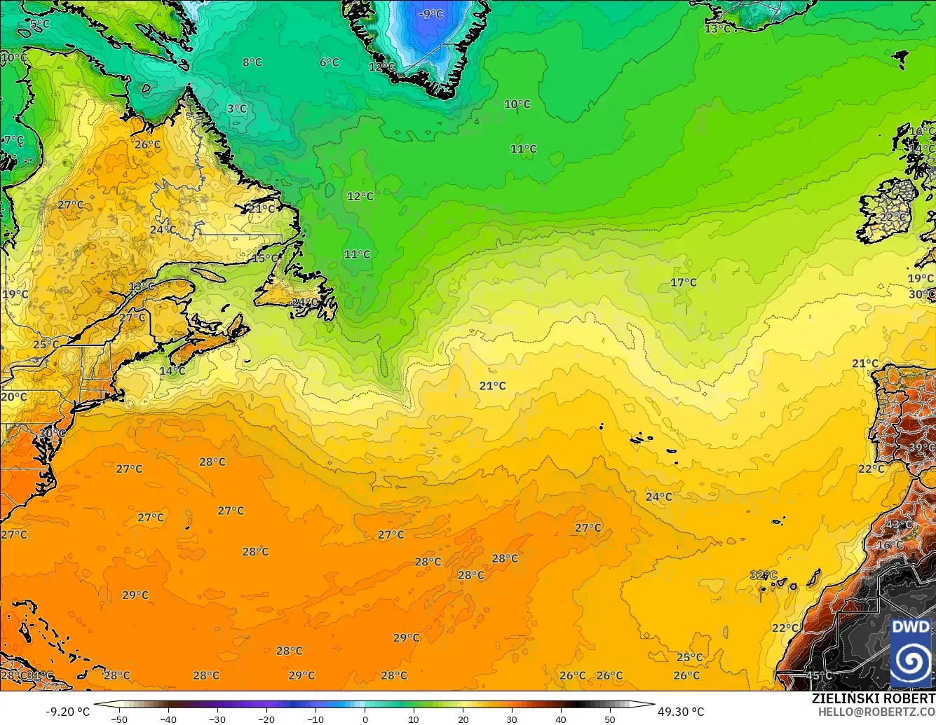 ICON modelo - Norte Atlántico, Temperatura a 2 m