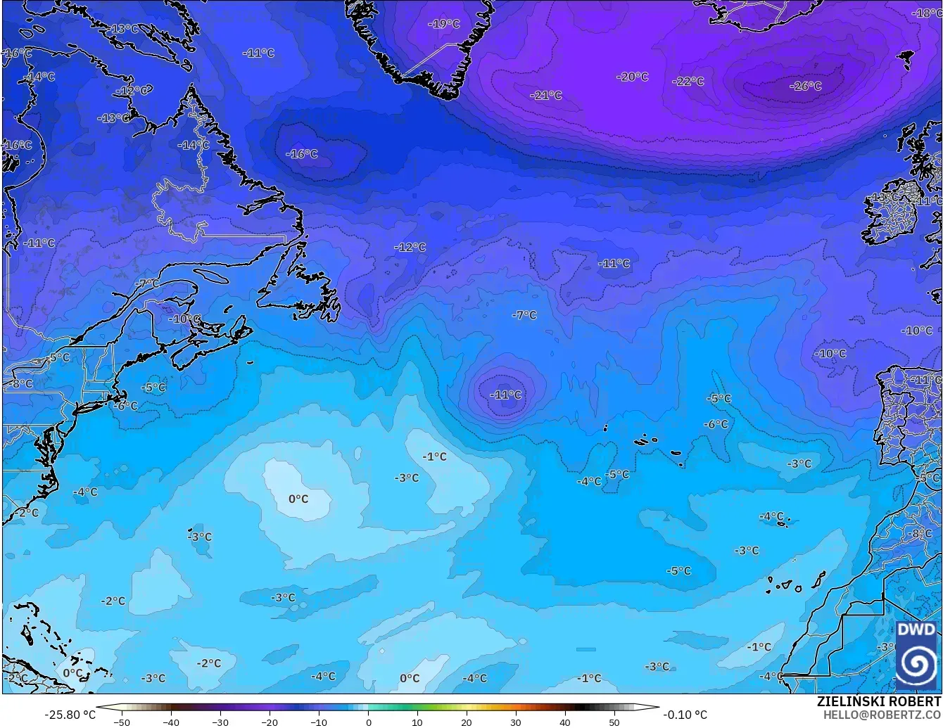 ICON modelo - Norte Atlántico, Temperatura a 500 hPa