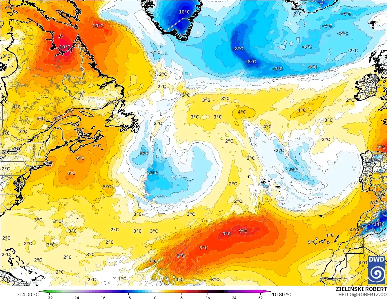 ICON modelo - Norte Atlántico, Anomalía de temperatura a 850 hPa