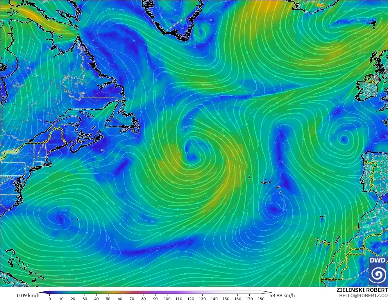 ICON modelo - Norte Atlántico, Viento a 10 m