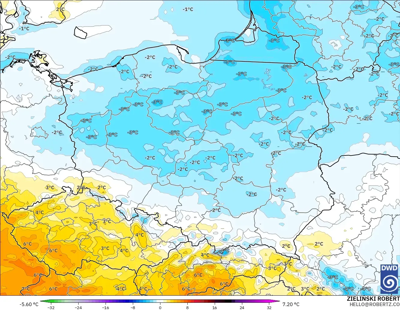 ICON modelo - Polonia, Anomalía de temperatura a 2 m