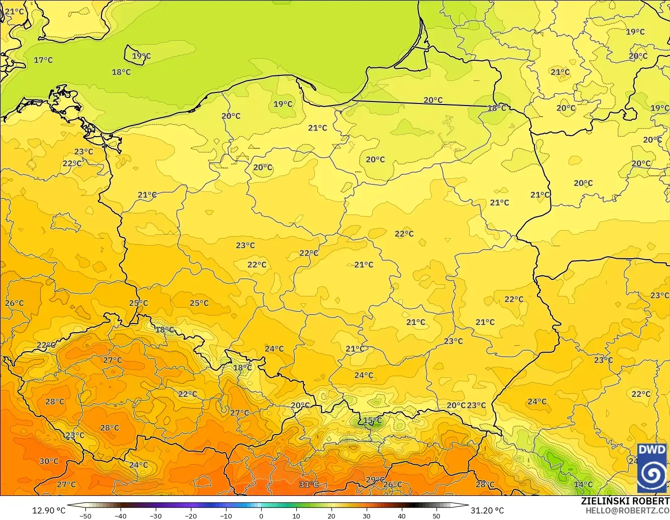 ICON modelo - Polonia, Temperatura a 2 m