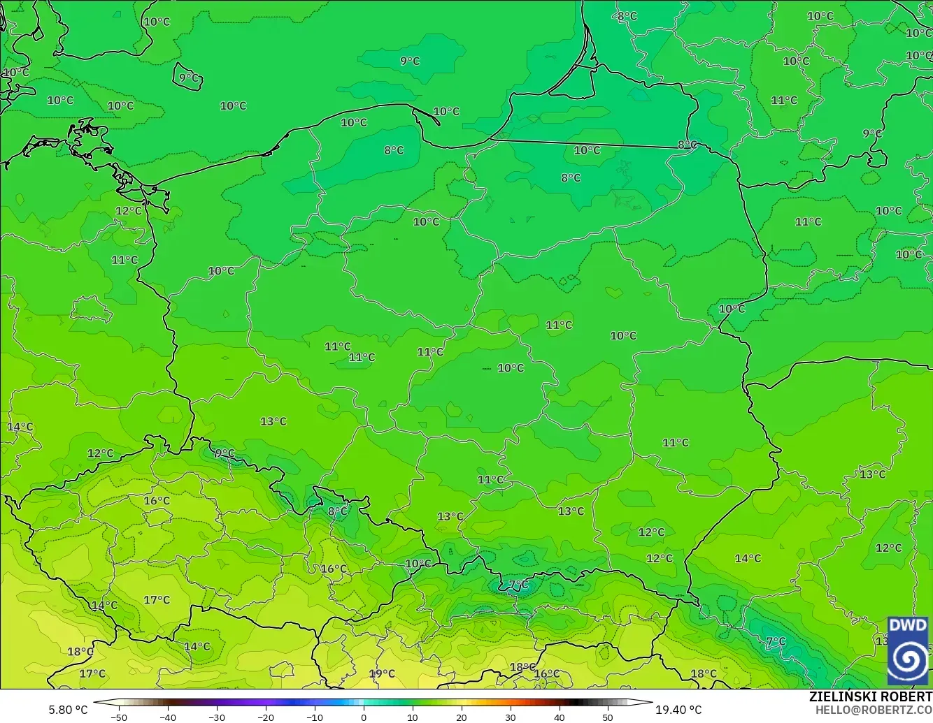 ICON modelo - Polonia, Temperatura a 850 hPa