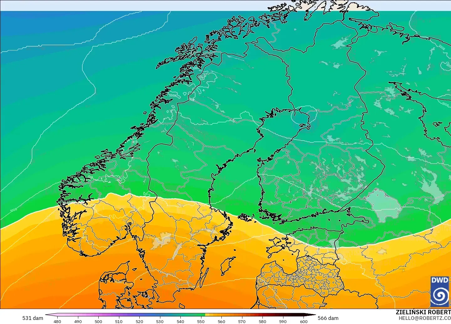 ICON modelo - Escandinavia, Altura geopotencial a 500 hPa