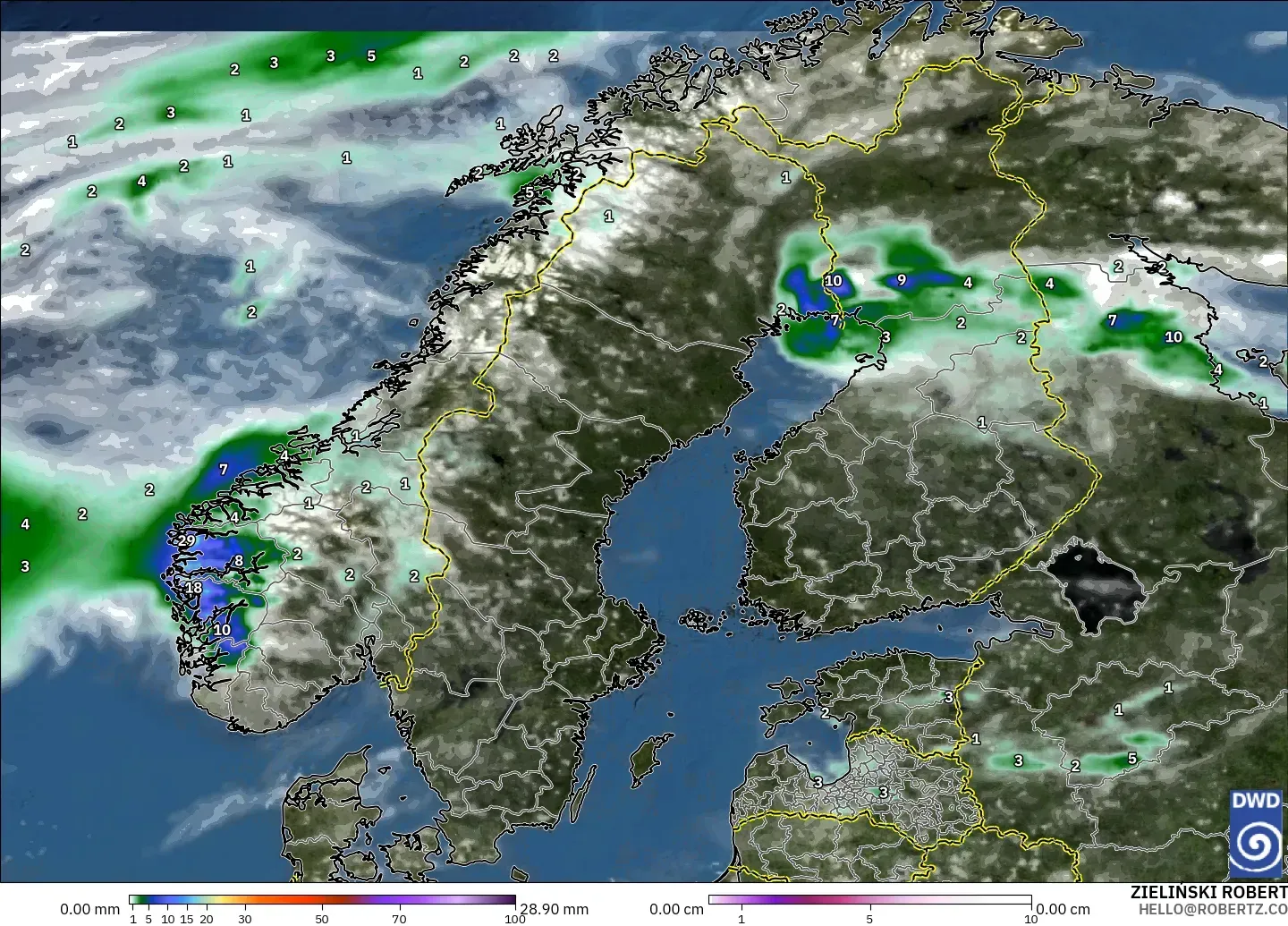 ICON modelo - Escandinavia, Precipitación, nubes y presión