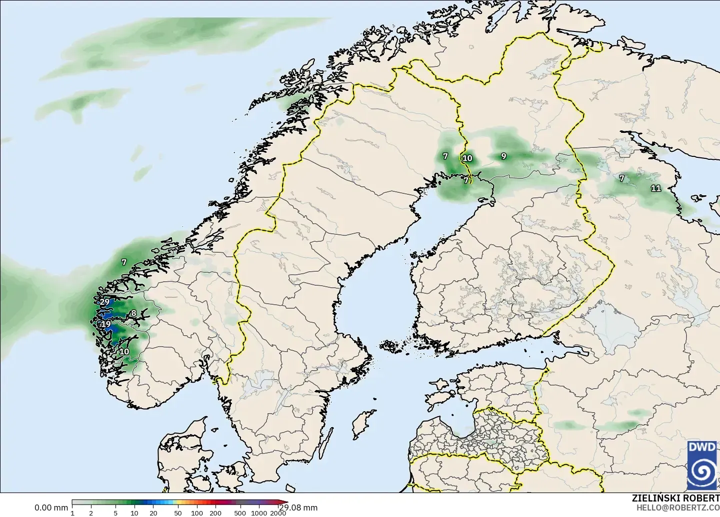 ICON modelo - Escandinavia, Acumulación de precipitación