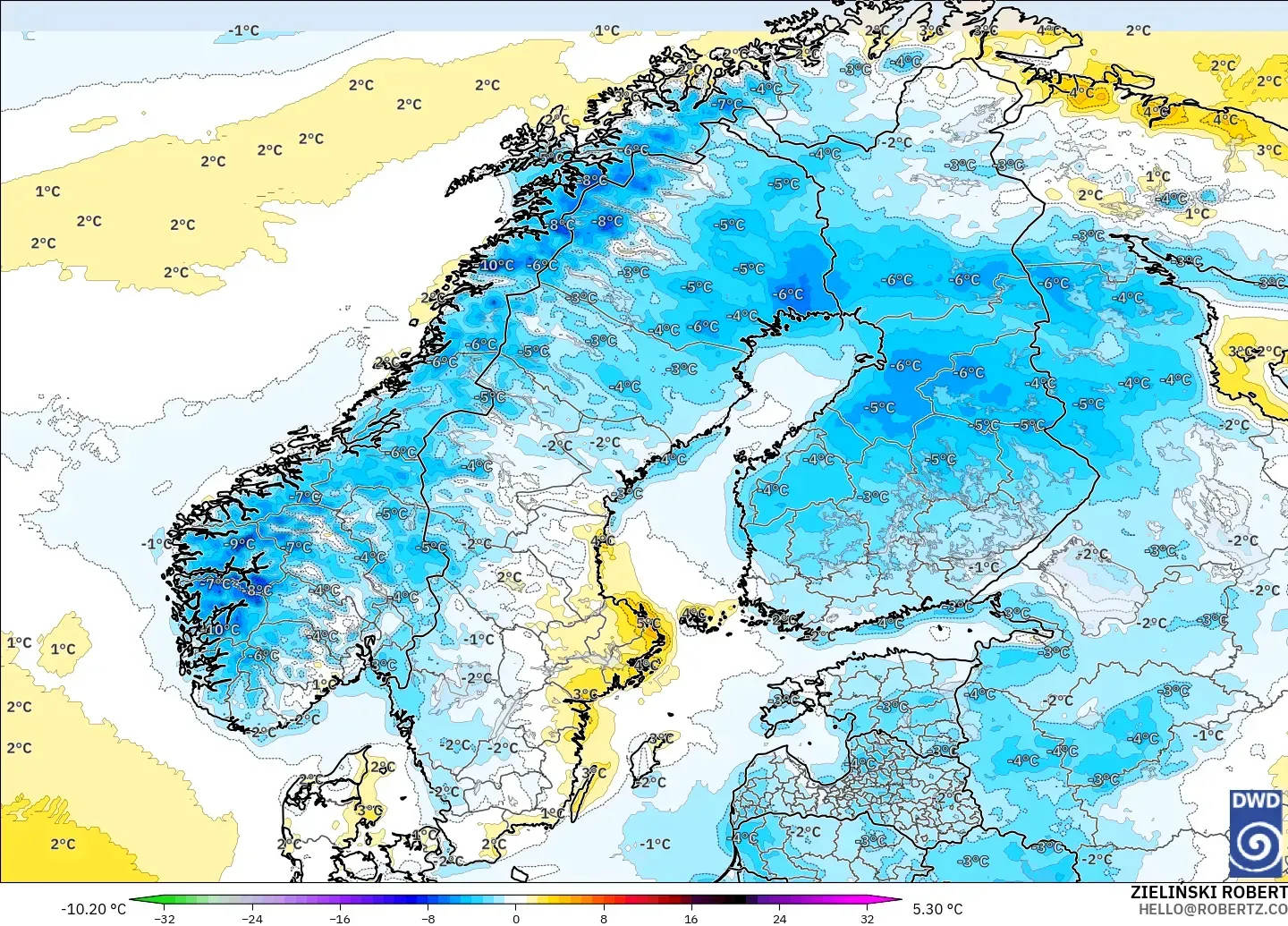 ICON modelo - Escandinavia, Anomalía de temperatura a 2 m