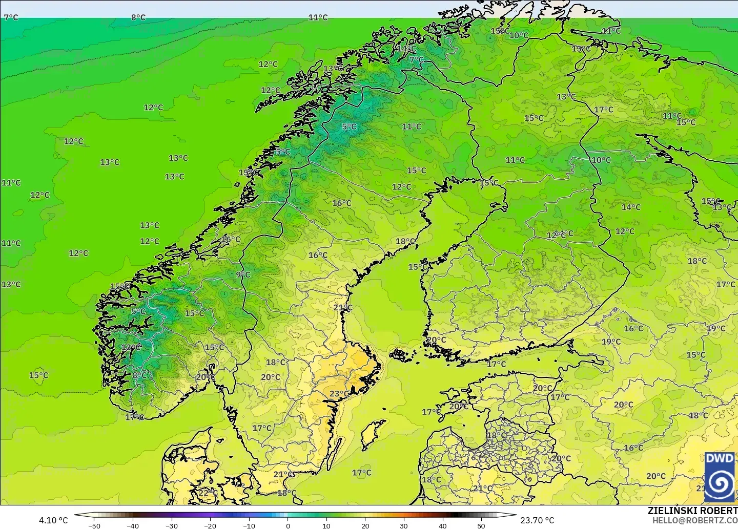 ICON modelo - Escandinavia, Temperatura a 2 m