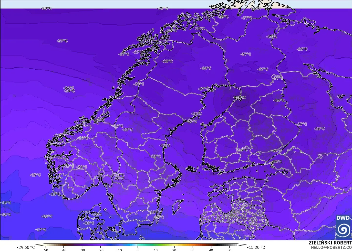 ICON modelo - Escandinavia, Temperatura a 500 hPa