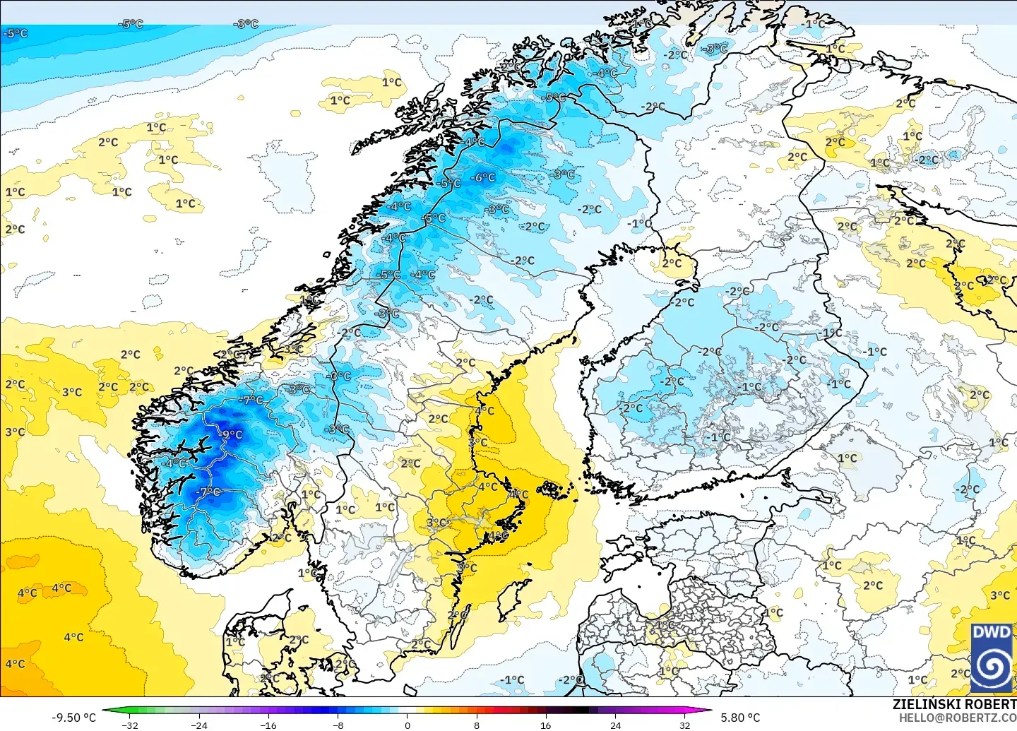 ICON modelo - Escandinavia, Anomalía de temperatura a 850 hPa