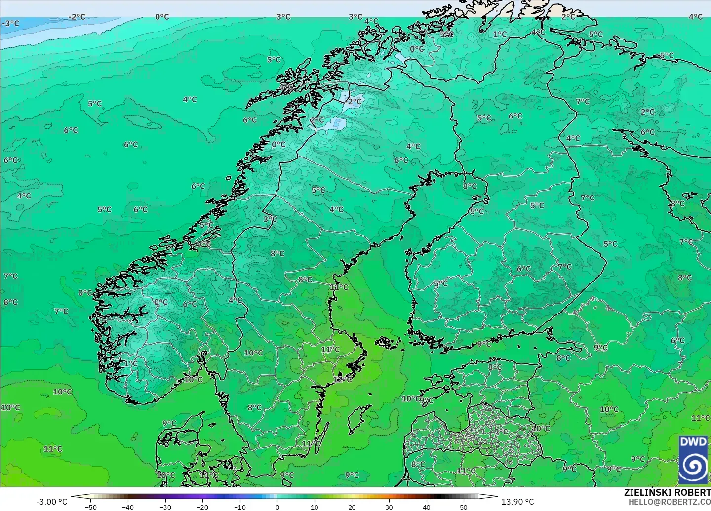 ICON modelo - Escandinavia, Temperatura a 850 hPa
