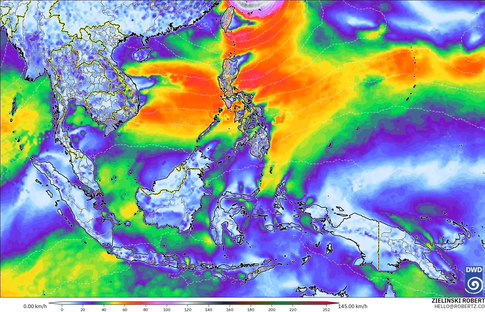ICON modelo - Sudeste Asiático, Ráfagas de viento
