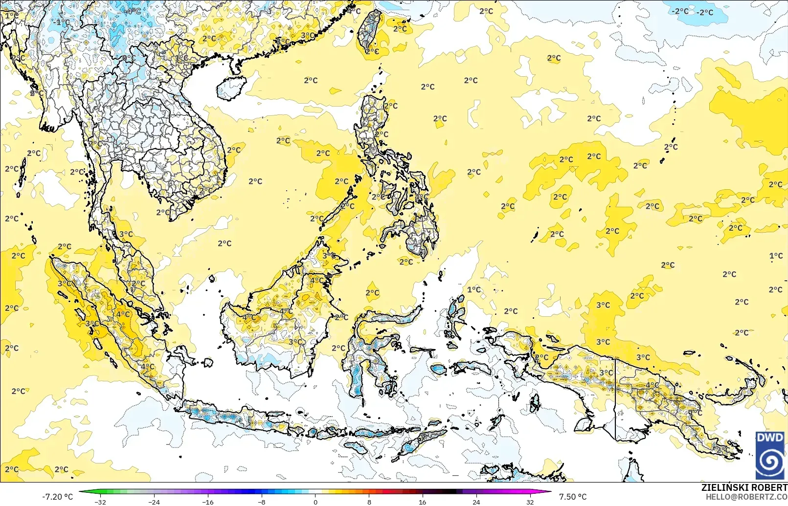 ICON modelo - Sudeste Asiático, Anomalía de temperatura a 2 m