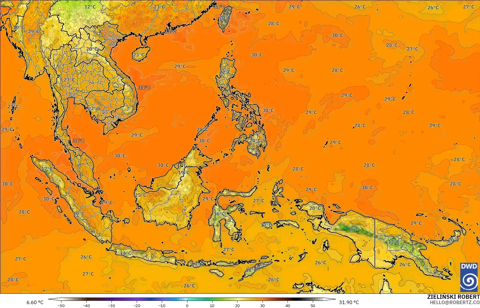 ICON modelo - Sudeste Asiático, Temperatura a 2 m