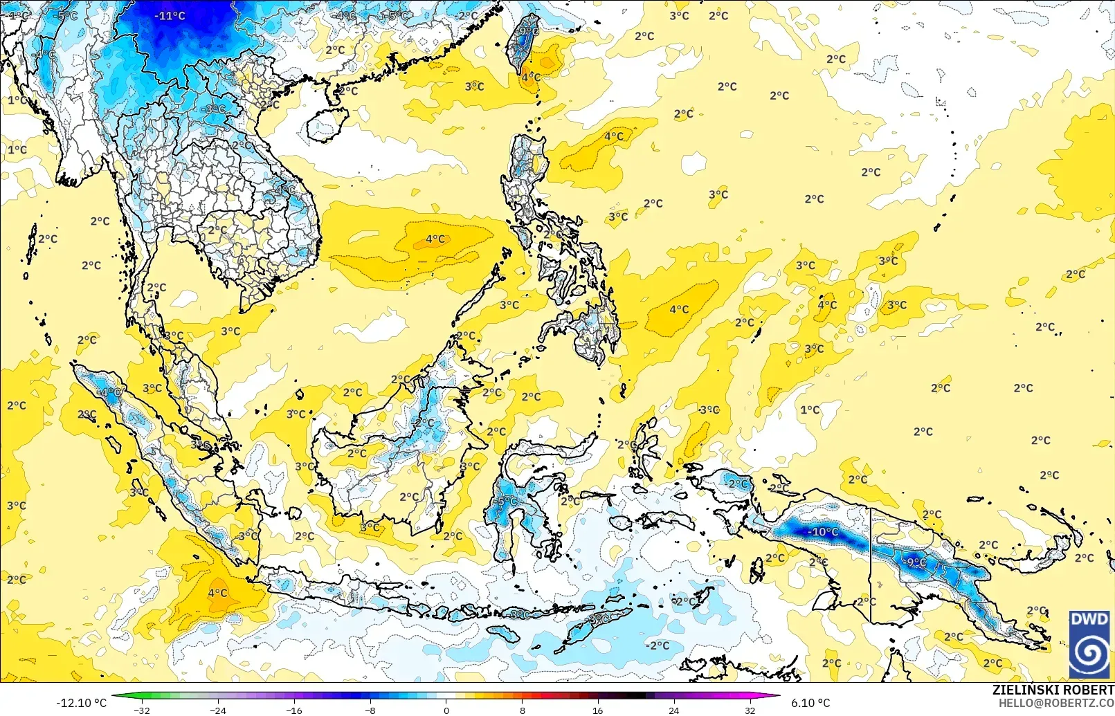 ICON modelo - Sudeste Asiático, Anomalía de temperatura a 850 hPa